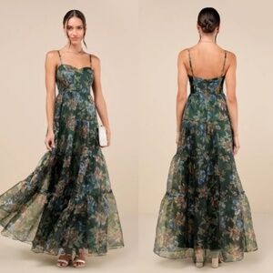 NWT Lulus Glamour Green Floral Organza Tiered Maxi Dress Medium